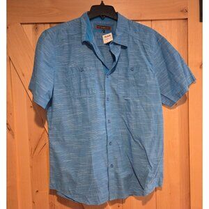 NEW! PD&C Shirt Mens Size L Blue Stripe Cotton Button Up Collared Short Sleeve